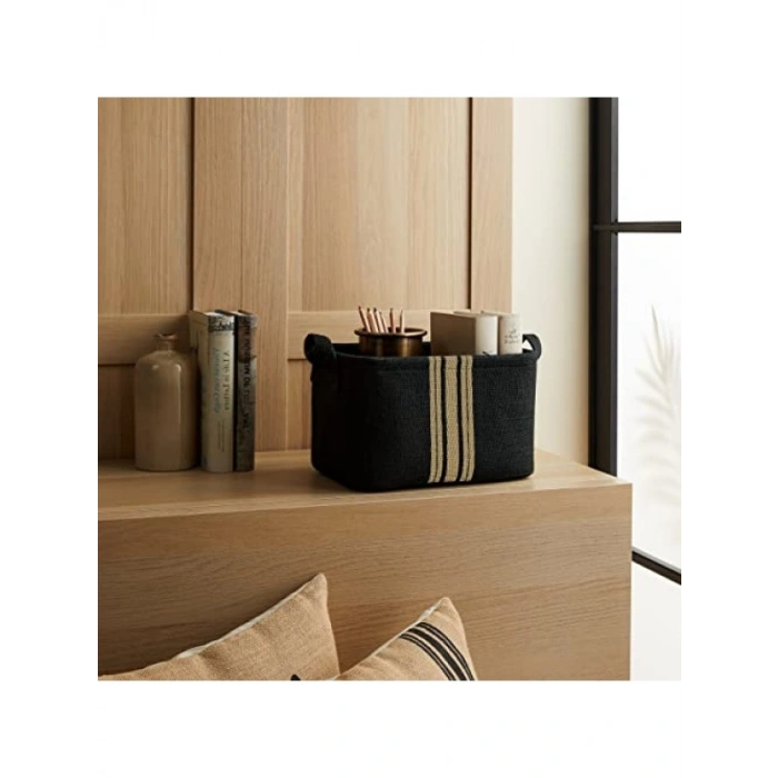 Siyah Renk Çizgili Jüt Sepet - 30 x 21 x 18 cm