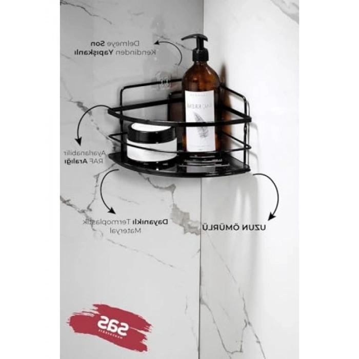 Siyah Renkli 2li Kancalı Yapışkanlı Banyo Duş Köşe Rafı