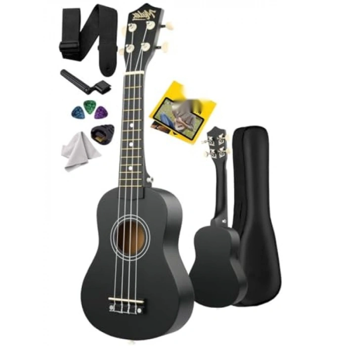Siyah Soprano Ukulele ile Taşıma Çantası ve Pena Seti