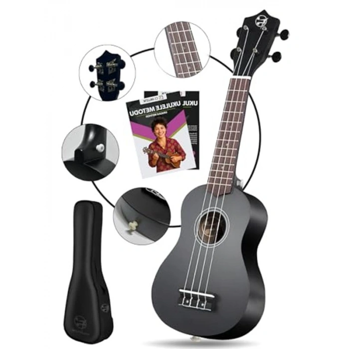 Siyah Soprano Ukulele Seti, Gül Ağacı Detaylar ile Zengin Ses