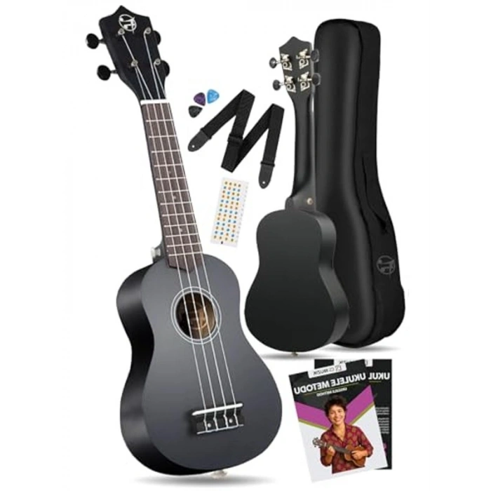 Siyah Soprano Ukulele Seti, Gül Ağacı Detaylar ile Zengin Ses