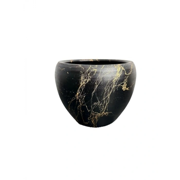 Siyah Üzeri Gold Mermer Efektli Toprak Saksı - 15 cm - Şık Tasarım