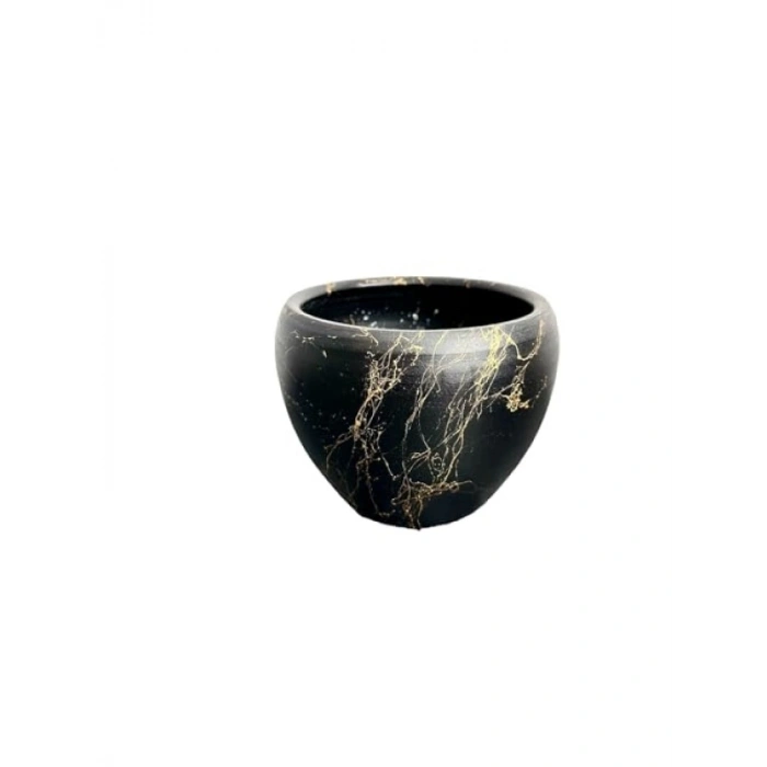 Siyah Üzeri Gold Mermer Efektli Toprak Saksı - 15 cm - Şık Tasarım