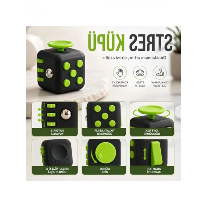 Siyah ve Yeşil Stres Küpü, Fidget Oyuncağı ile Odaklanmayı Destekler