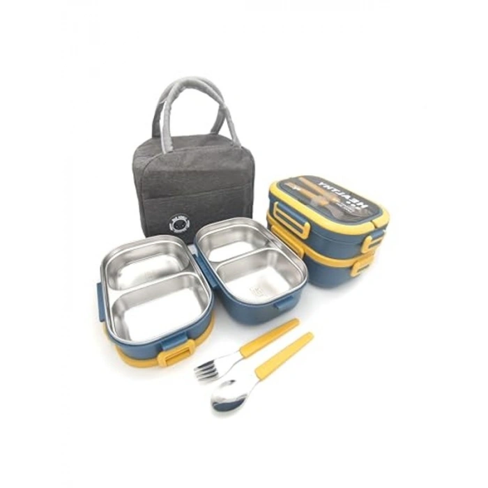 Sızdırmaz Termal Lunch Box Seti | Bölmeli ve Çatal Kaşıklı, Sarı-Yeşil Renk