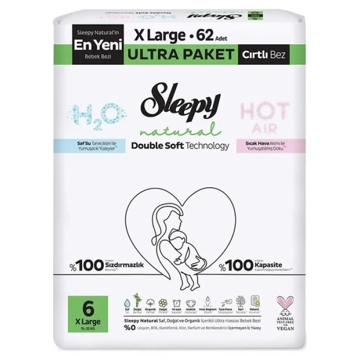 Sleepy Natural Double Soft Bebek Bezi Ultra Paket 6 Beden 62 Adet