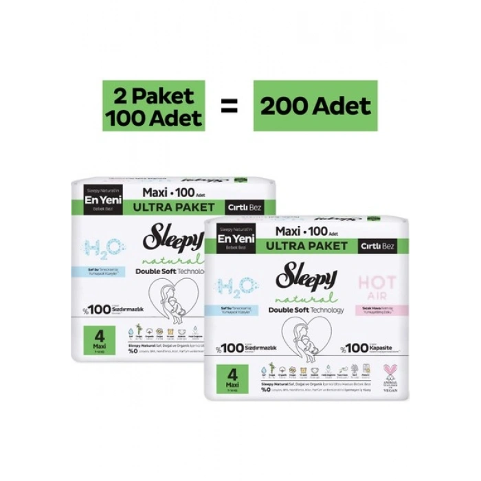 Sleepy Natural Double Soft Ultra Paket Bebek Bezi 4 Numara Maxi 200 Adet