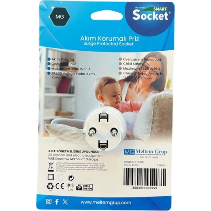 Smart Socket Tekli Akım Korumalı & Çocuk Korumalı Priz