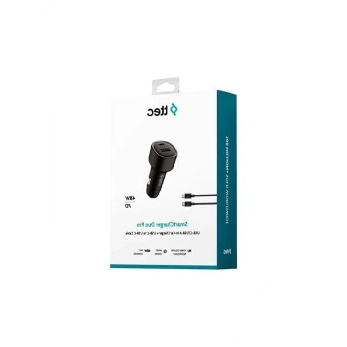 SmartCharger Duo PD 48W Araç Hızlı Şarj Aleti USB-C+USB-A - USB-C-USB-C 3A Kablo Siyah 2CKP02CS