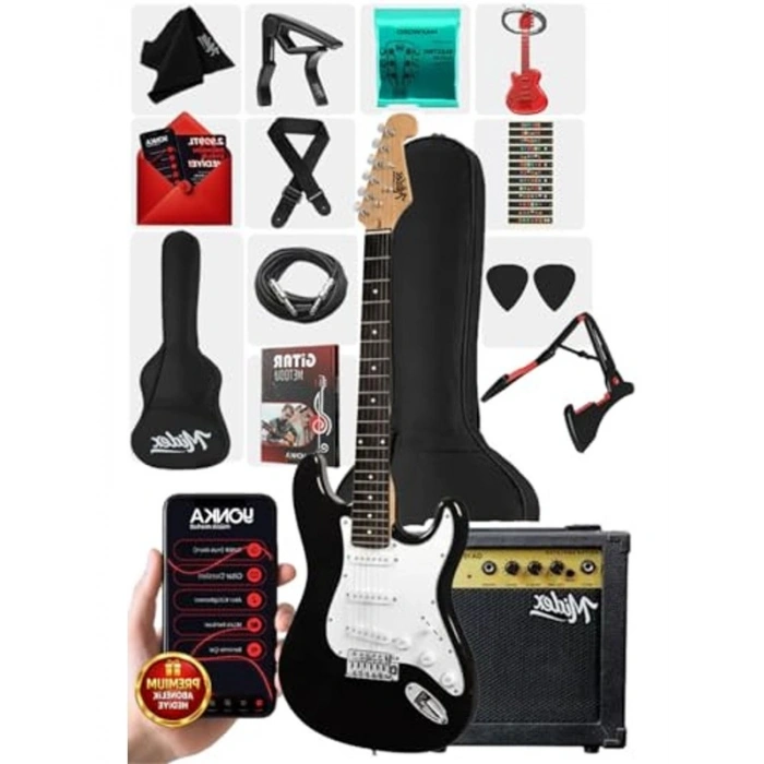 Solak Elektro Gitar Seti, Amfi ve Aksesuarlar ile Tam Paket, Beyaz-Siyah