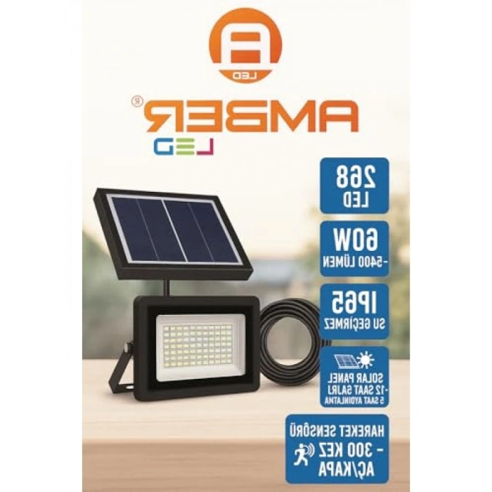 Solar LED Projektör, 60W, 5400 Lümen, IP65 Su Geçirmez