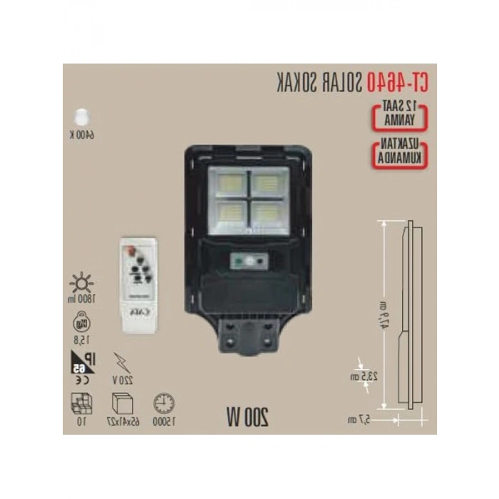 Solar Sensörlü Sokak Armatürü - CATA200W, Enerji Sınıfı A