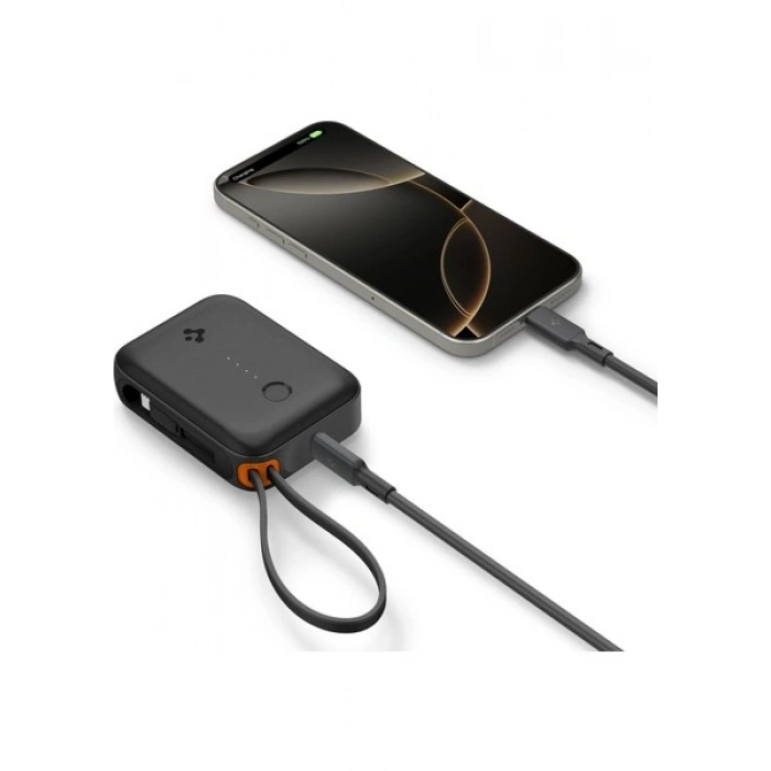 Spigen 10000 mAh Ultra Mini 30W USB-C + USB-A Giriş / Çıkış Hızlı Şarj 3 Portlu Powerbank / Type-C Dahili Kablolu Taşınabilir Şarj Cihazı EA3010BT Black - ABA09023