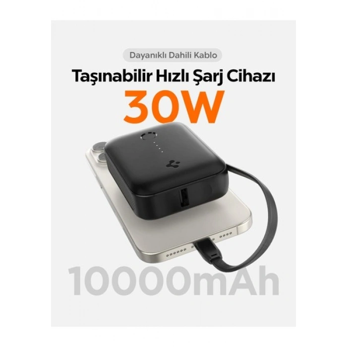 Spigen 10000 mAh Ultra Mini 30W USB-C + USB-A Giriş / Çıkış Hızlı Şarj 3 Portlu Powerbank / Type-C Dahili Kablolu Taşınabilir Şarj Cihazı EA3010BT Black - ABA09023