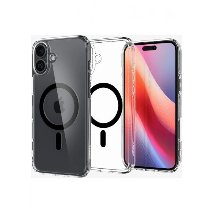 Spigen Apple iPhone 16 Plus ile Uyumlu ince MagSafe Kılıf Ultra Hybrid Sararmaya Dayanıklı DuraClear™ Hava Kanalı Teknolojisi™ Askeri Sınıf Koruma MagFit Black Şeffaf Kapak - ACS08076