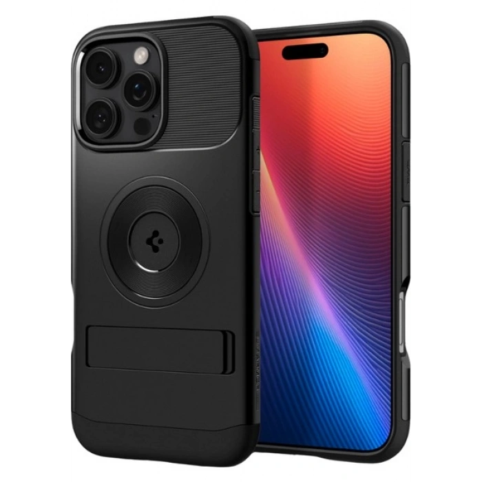 Spigen Apple iPhone 16 Pro ile Uyumlu Ekstra Dayanıklı MagSafe Kılıf Slim Armor Hava Kanalı Teknolojisi™ Askeri Sınıf Koruma MagFit KickStandlı Black Çift Katman Kapak - ACS08164