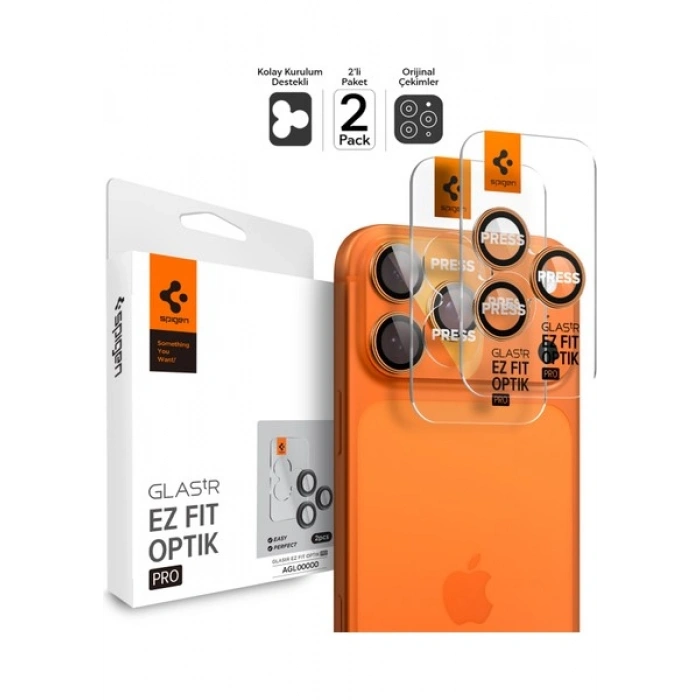 Spigen Apple iPhone 17 Pro Max / 17 Pro / 16 Pro Max / 16 Pro / 15 Pro Max / 15 Pro / 14 Pro Max ile Uyumlu Kamera Lens Camı Koruyucu Kolay Kurulum GLAS.tR EZ Fit Optik Pro (2 Adet) Orange-AGL10123