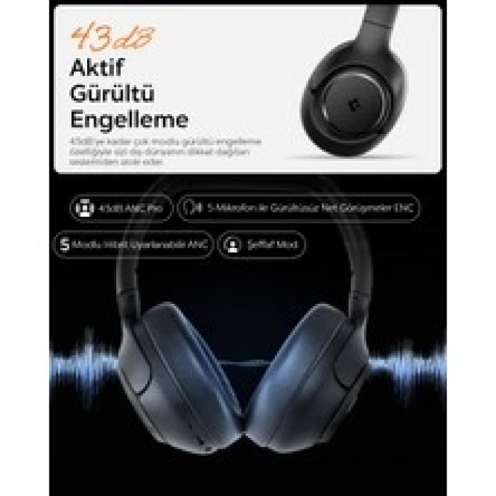 Spigen Audio Kulak Üstü P10 Bluetooth Kablosuz Kulaklık - ANC Pro Aktif Gürültü Engelleme + ENC 5 Mikrofon - 40mm Titanyum Sürücü - 60 Saat Pil - iOS & Android EQ App Şeffaf & Gaming Mod - ASD09691