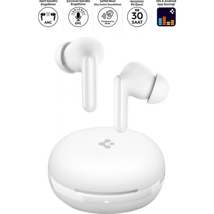 Spigen Audio TWS S10 Bluetooth Kablosuz Kulaklık - ANC Aktif Gürültü Engelleme + ENC 6 Mikrofon - 10mm Sürücü - 30 Saat Pil - iOS & Android EQ App Şeffaf & Gaming Mod iPX4 Beyaz - ASD07962