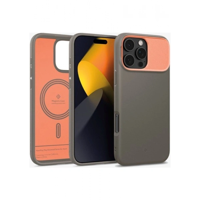 Spigen Caseology Apple iPhone 16 Pro Max ile Uyumlu Silikon MagSafe Kılıf Nano Pop Mag Standlı Hava Kanalı Teknolojisi™ Askeri Sınıf Koruma Papaya Gray Kaymaz Kapak - ACS08303