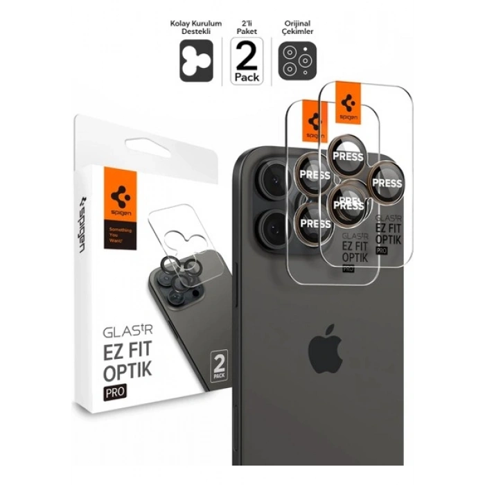 Spigen iPhone 17 Pro Max / 17 Pro / 16 Pro Max / 16 Pro / 15 Pro Max / 15 Pro / 14 Pro Max / 14 Pro ile Uyumlu Kamera Lens Camı Koruyucu Kolay Kurulum GLAS.tR EZ Fit Optik Pro 2 Adet Desert AGL08862