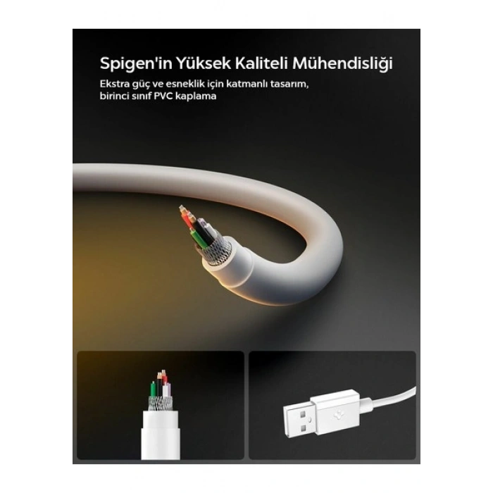 Spigen USB-A to USB-C 1 Metre Kablo 60W Güç / Hızlı Şarj / 480 Mbps Data Aktarım Hızı Type-C Ekstra Dayanıklı White - ACA08715