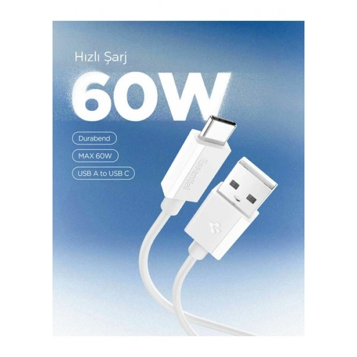 Spigen USB-A to USB-C 1 Metre Kablo 60W Güç / Hızlı Şarj / 480 Mbps Data Aktarım Hızı Type-C Ekstra Dayanıklı White - ACA08715