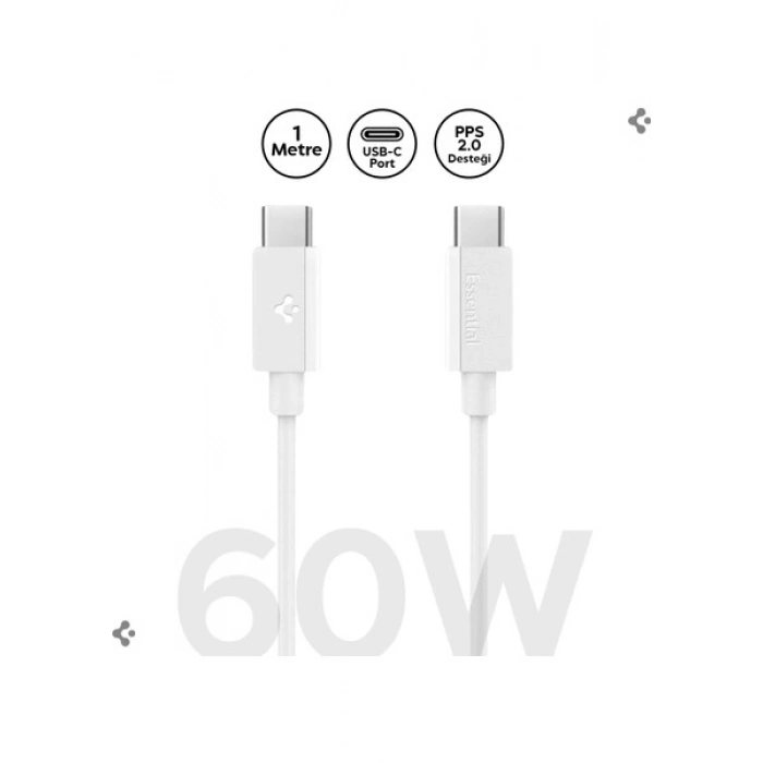 Spigen USB-C to USB-C 1 Metre Kablo 60W Güç / PPS 2.0 Desteği Super Hızlı Şarj / 480 Mbps Data Aktarım Hızı Type-C Ekstra Dayanıklı White - ACA08717