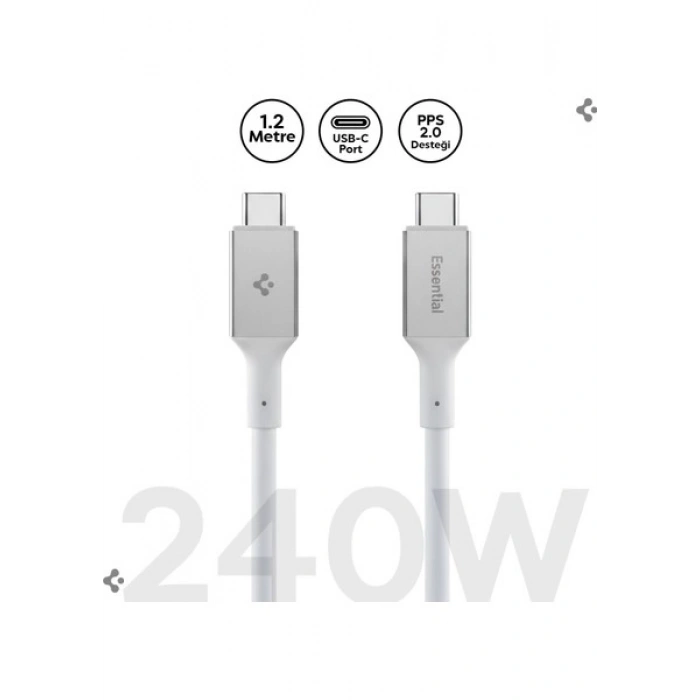 Spigen USB-C to USB-C 1.2 Metre Kablo 240W Güç / PPS 2.0 Desteği Super Hızlı Şarj / 40Gbps (E-Marker Çip) Data Aktarım Hızı / 8K Görüntü Aktarım / PD USB4 Gen3 Type-C Ekstra Dayanıklı White - ACA08776