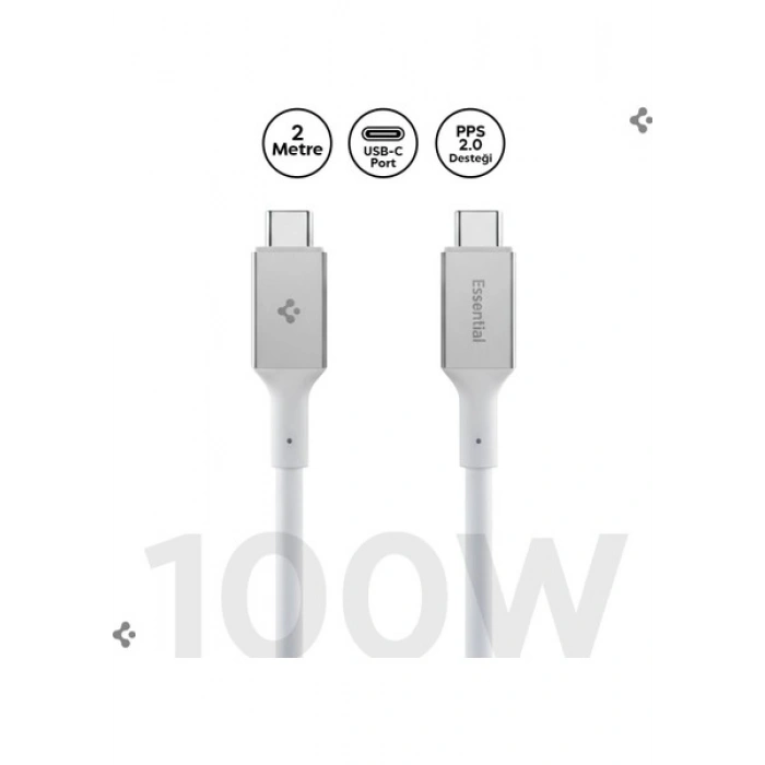 Spigen USB-C to USB-C 2 Metre Kablo 100W Güç / PPS 2.0 Desteği Super Hızlı Şarj / 5 Gbps (E-Marker Çip) Data Aktarım Hızı / PD USB 3.2 Type-C Ekstra Dayanıklı MFI Lisanslı White - ACA08775