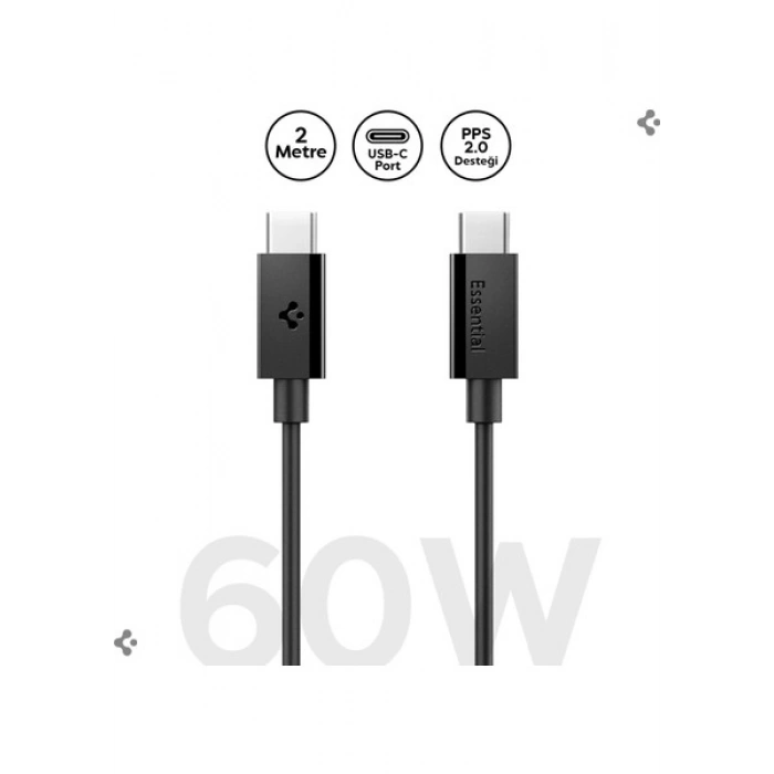 Spigen USB-C to USB-C 2 Metre Kablo 60W Güç / PPS 2.0 Desteği Super Hızlı Şarj / 480 Mbps Data Aktarım Hızı Type-C Ekstra Dayanıklı Black - ACA08720