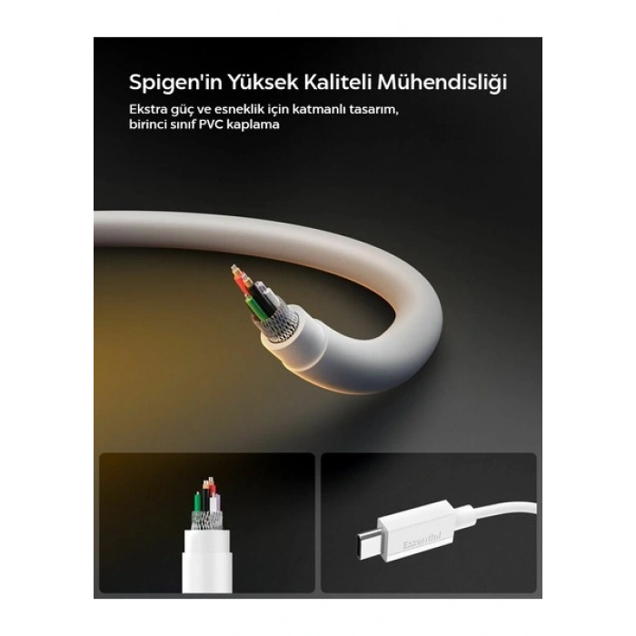 Spigen USB-C to USB-C 2 Metre Kablo 60W Güç / PPS 2.0 Desteği Super Hızlı Şarj / 480 Mbps Data Aktarım Hızı Type-C Ekstra Dayanıklı Black - ACA08720