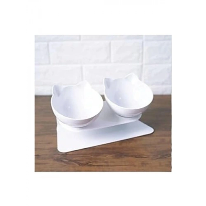 Standlı Kedi Kafalı Mama Kabı - 2li Set, Beyaz