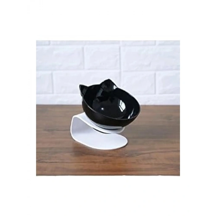 Standlı Kedi Kafalı Mama Kabı - Siyah Tekli