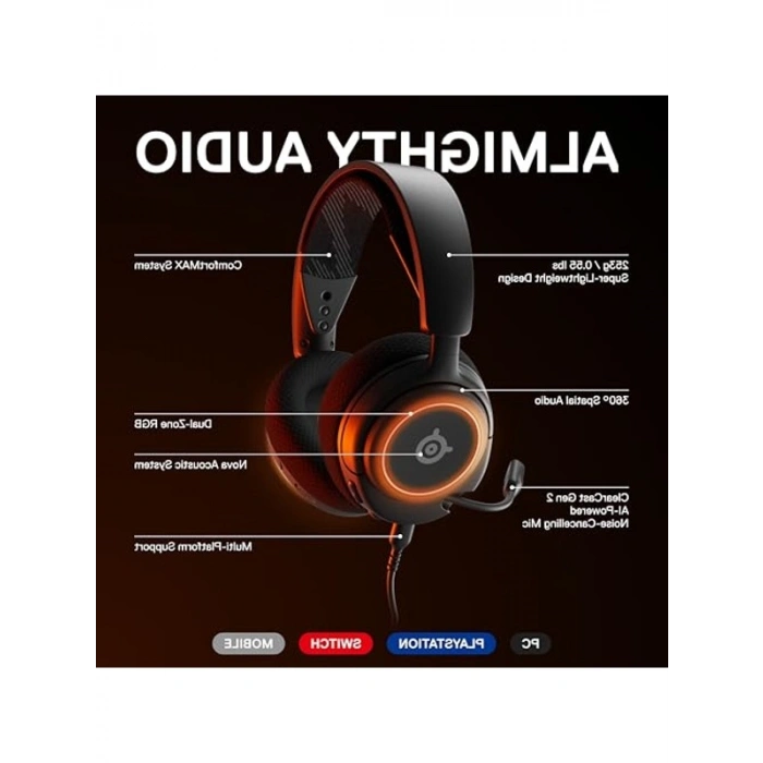 SteelSeries Arctis Nova 3 Multi-Platform Gaming Kulaklık, Hi-Fi Sürücüler, 360 derece Uzamsal Ses, RGB Işıklar, Gen2 Clearcast Mikrofon Standart
