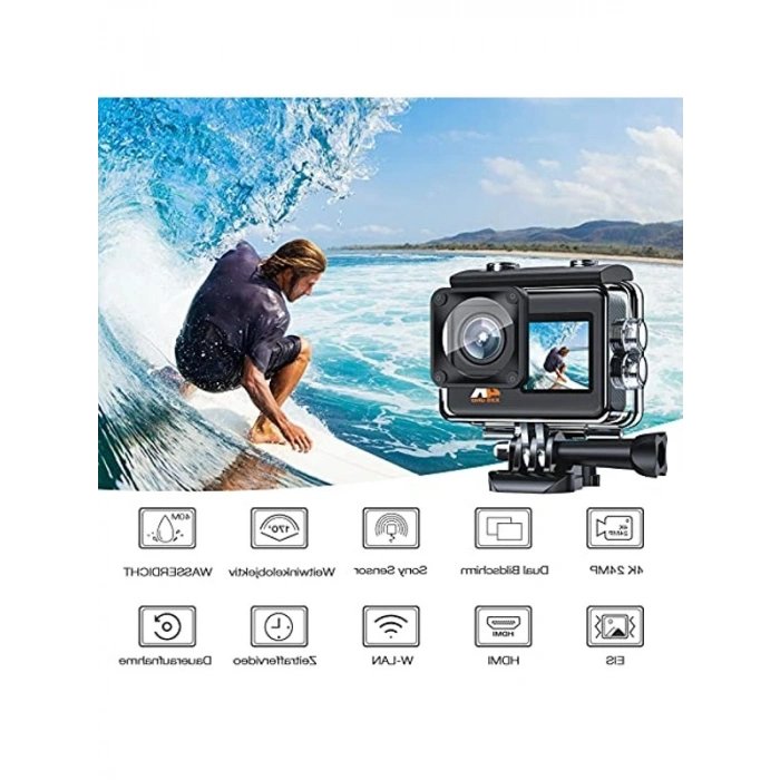 Su Geçirmez Aksiyon Kamerası, 4K, Çift Ekranlı ve 170° Geniş Açılı