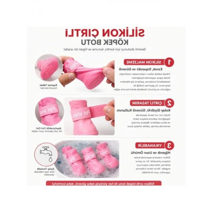 Su Geçirmez Pembe Renkli Köpek Botu, 4lü Set, Koruyucu