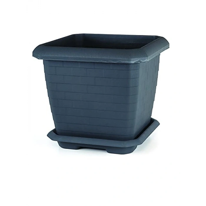Tabaklı Kare Saksı, 37 cm Boyut, 25,5 Litre Kapasite, Antrasit Renk