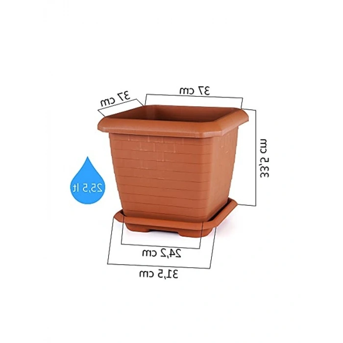 Tabaklı Kare Saksı, 37 cm Boyut, 25,5 Litre Kapasite, Antrasit Renk