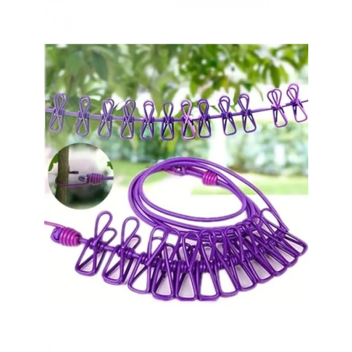 Taşınabilir Seyahat Çamaşır İpi, 12 Mandallı, Klipsli