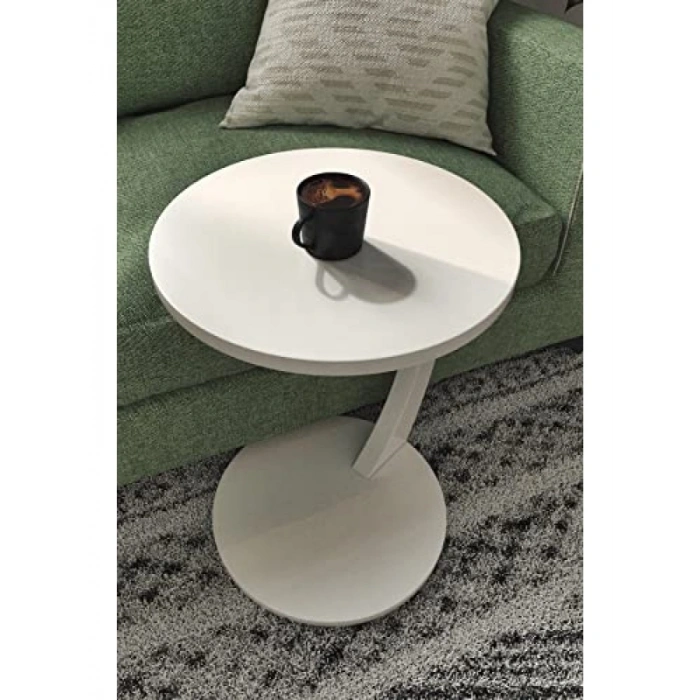 Tekerlekli C Şekilli Yan Sehpa - Beyaz