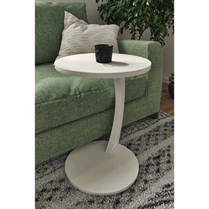 Tekerlekli C Şekilli Yan Sehpa - Beyaz