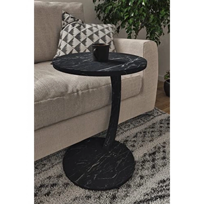 Tekerlekli C Şeklinde Yan Sehpa - Siyah Mermer Desen