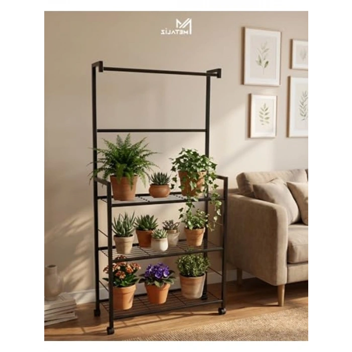 Tekerlekli Metal Saksı Standı, 3 Raflı Portatif Çiçek Rafı