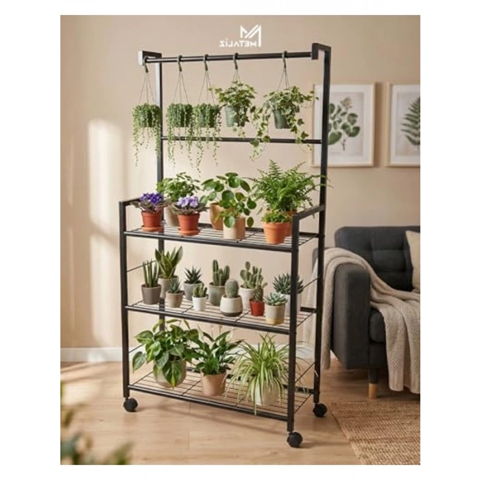 Tekerlekli Metal Saksı Standı, 3 Raflı Portatif Çiçek Rafı