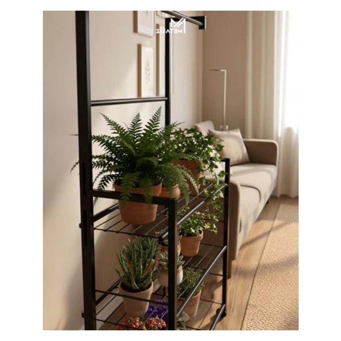 Tekerlekli Metal Saksı Standı, 3 Raflı Portatif Çiçek Rafı