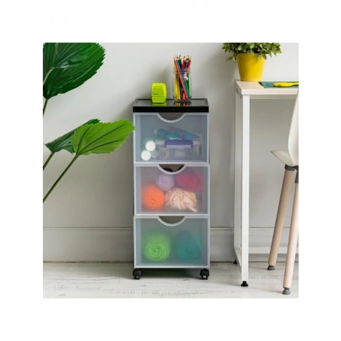 Tekerlekli ve Çekmeceli Saklama Kulesi - 3 x 15 L, Siyah