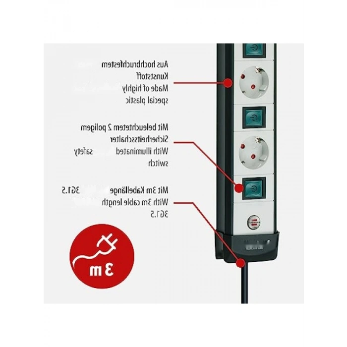 Teknik Çoklu Priz, Işıklı Güvenlik Şalteri, 3m Kablo