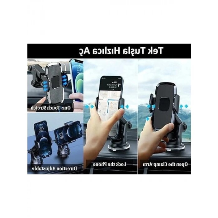 Teleskobik Araç İçi Telefon Tutucu, Otomatik Klipsli ve Dönebilir