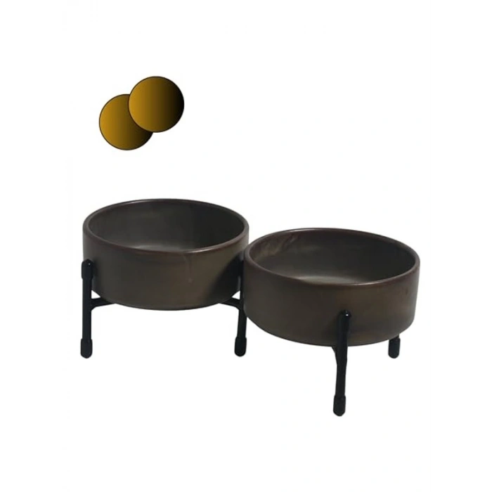Toprak renkli metal ayaklı çift taraflı seramik mama ve su kapları